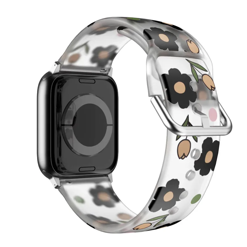 Pulseira de silicone transparente para apple watch, impressão floral, 44mm, 45mm, 49mm, iwatch série 8, 7, 6, 5, se, 9, ultra2