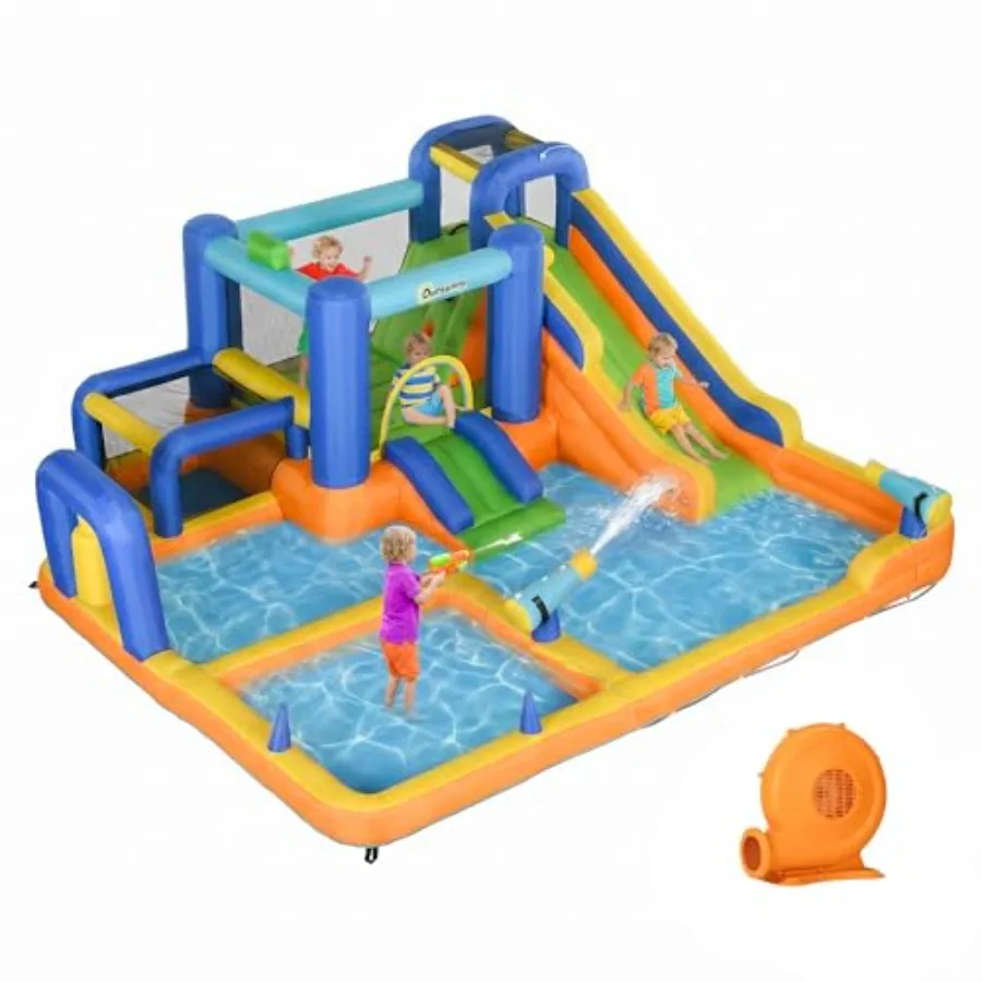 inflatable water slide 7-in-1 bounce house with 450W blower for outdoor play, PVC material, blue and yellow, includes pool, soc