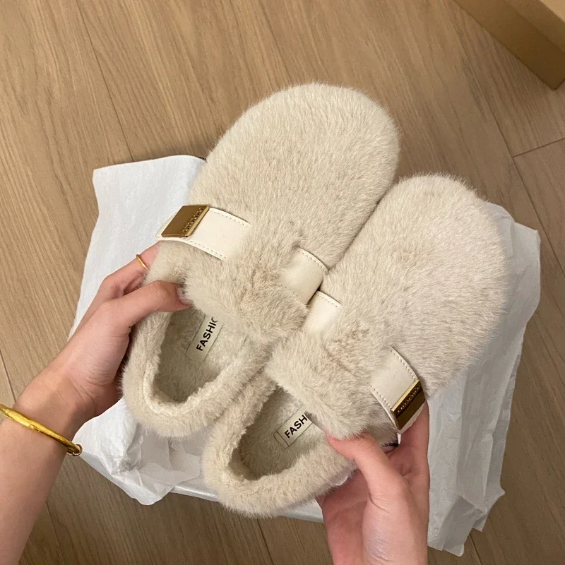 Soft Fluffy Ballet Flat Ladies Plush Shallow Loafers Winter Women Elegant Buckle Strap Fur Mary Jane Shoes Cosy Modis Slip On