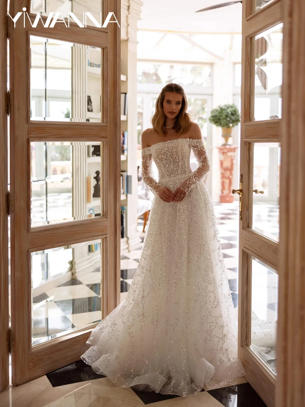 

Sparkly Sequined Off Shoulder Wedding Dress Dreamy Strapless Backless Bridal Gown Customized A-line Tulle Long Dresses For Bride