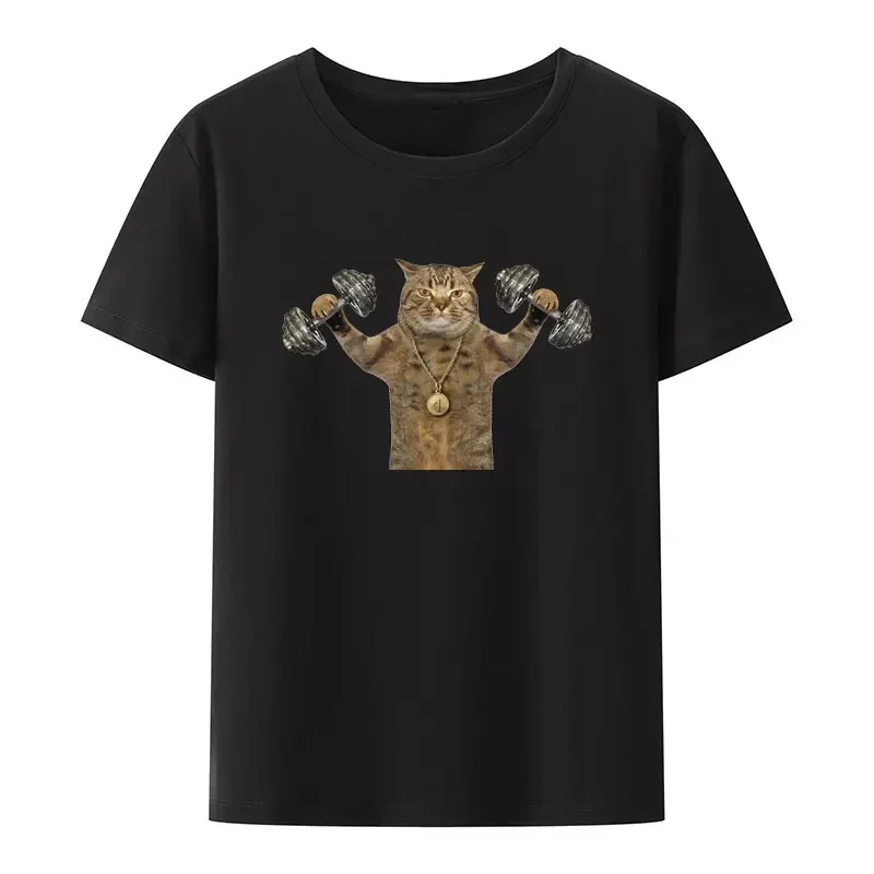 The Cat Bodybuilder with A Sports Medal Is Doing Exercises with Dumbbell Weights Modal T Shirt Funny Gym Lover Breathable Shirt