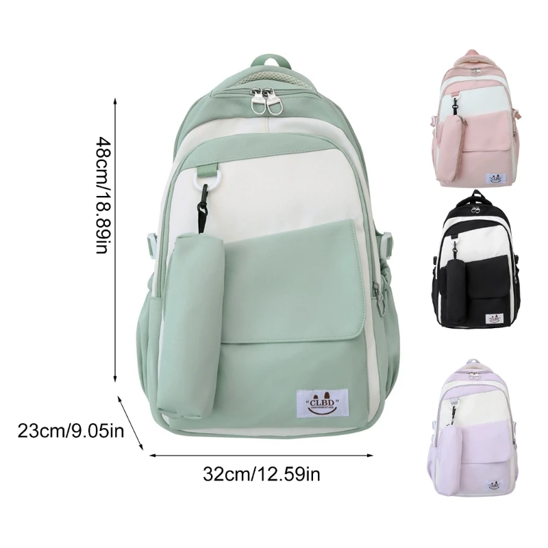 Mochila nailon para uso diario con estuches para lápices, bolso escolar estético