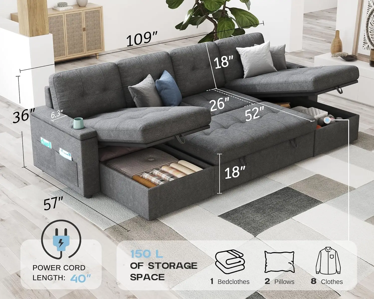 Pull Out Couch, Sleeper Sofa with 2 USB Charge Ports & Cup Holders, U Shaped Sectional Sofa with Storage Chaise, Dark Grey