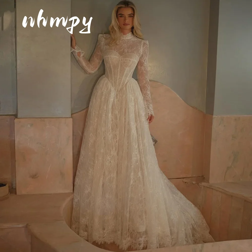 New Arrive A-Line Sparkly Lace Princess Wedding Dress Long Sleeve High Neck Bridal Gowns vestidos de novia Sweep Train Customiz