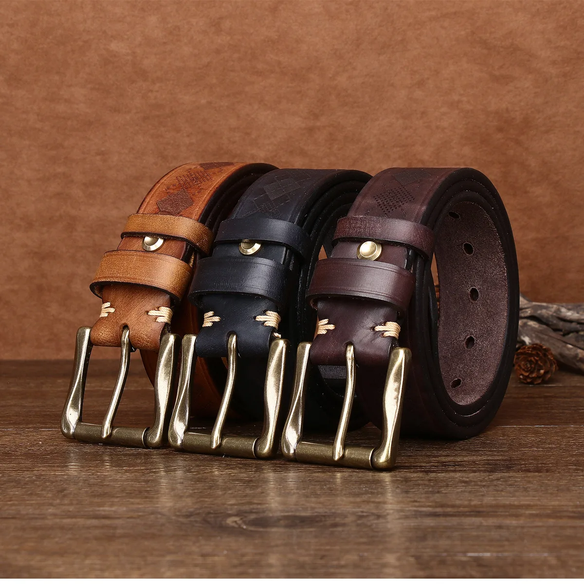 حزام سميك من الجلد الطبيعي للرجال، حزام منقوش بالليزر عصري وعصري، حزام عريض من جلد البقر النقي 3.8 سم