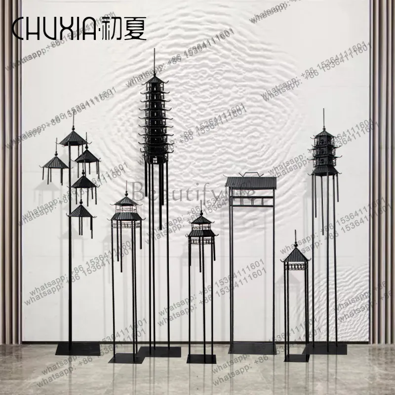 Factory Direct. New Chinese-style wrought iron pavilion tower abstract architectural ornament floor sculpture