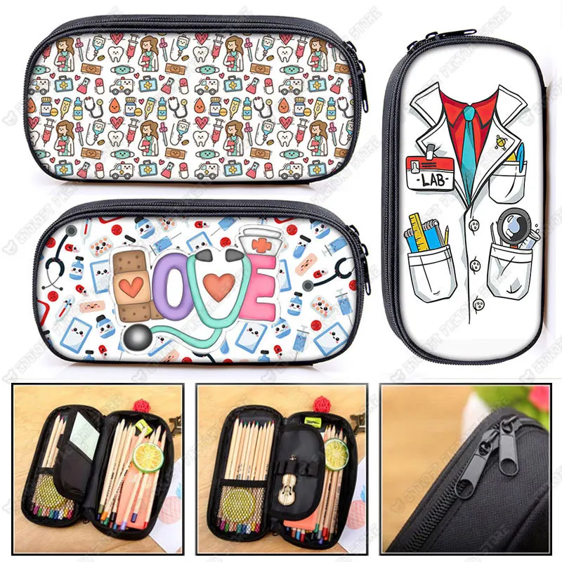 Estuche para cosméticos con estampado de uniforme de médico y enfermera, bolsa para lápices, estetoscopio médico, caja de lápices con jeringa, bolsas estacionarias para Hospital ECG