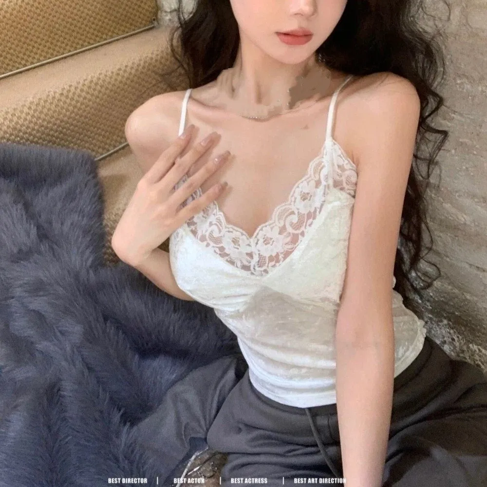 Basic Bra With Breast Pads Velvet Lace Camisole Streetwear Sleeveless Y2K Suspender Warm Soft Gothic Vest Spice Girl