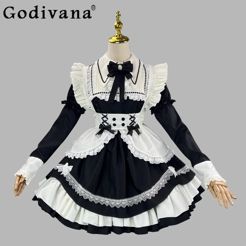 

L-5XL Plus Size New Maid COS Uniform Removable Sleeves Lolita Performance Clothing Girl Sweet Bow Lace Splicing High Waist Dress