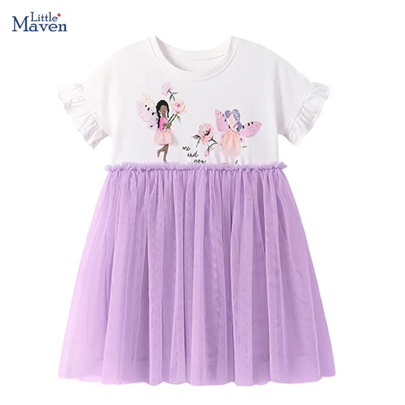 Little maven Baby Girls Party Dresses Kids Clothes 2026 Summer New Dresses Embroidered Cartoon Angel Flowers Mesh Dresses