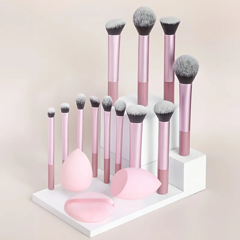 15Pcs Pink Makeup Tool Set 12 Makeup Brushes+2 Makeup Sponge+1 Velvet Powder Puff Soft Synthetic Hair Cosmetic Kit for Beginner