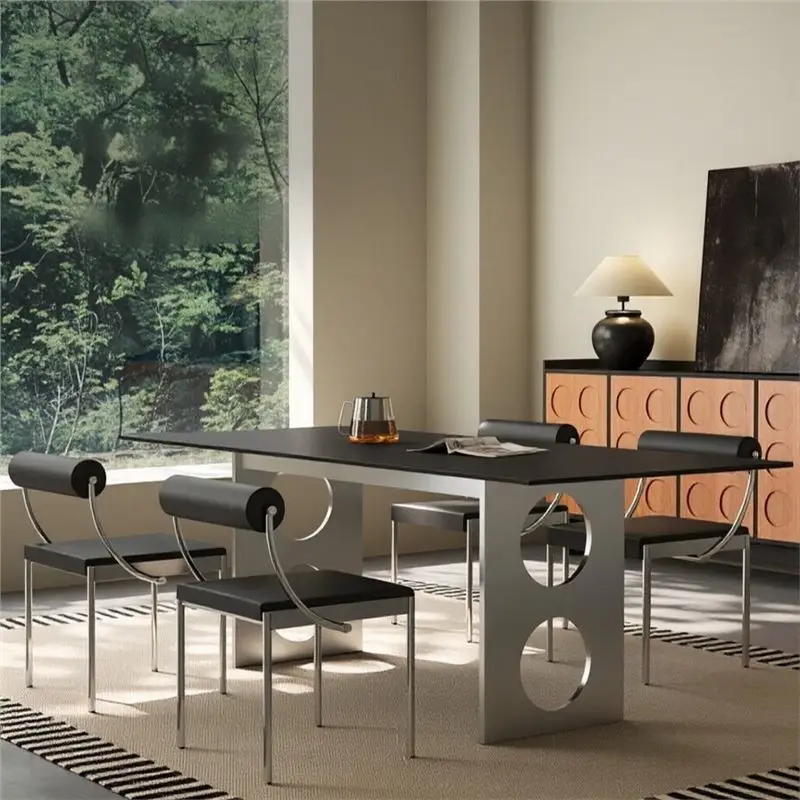 Italian simple dining table, medieval stainless steel new  rock plate dining table and chair combination
