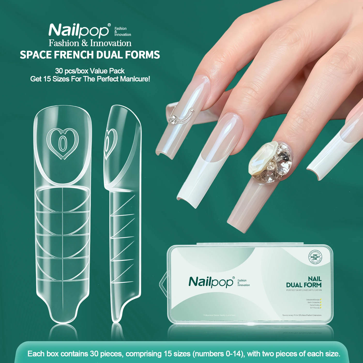

Nailpop Dual Forms Space French 15 Sizes Clear Reusable Smart French Line Gel Nail Art Specialist Salon Home DIY 30/60/75/150pcs