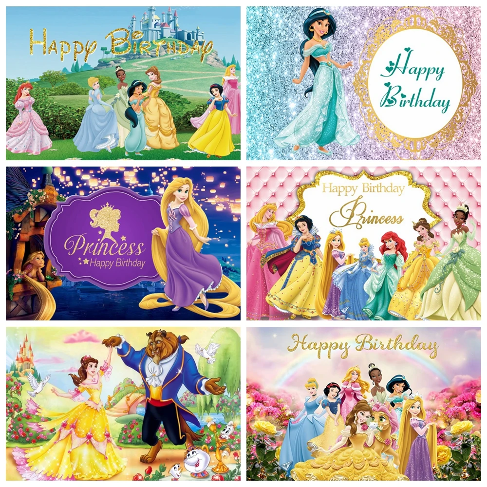 

Disney Princess Theme Background Happy Birthday Party Decoration for Girls Boy Customized Baby Shower Princess Background Banner