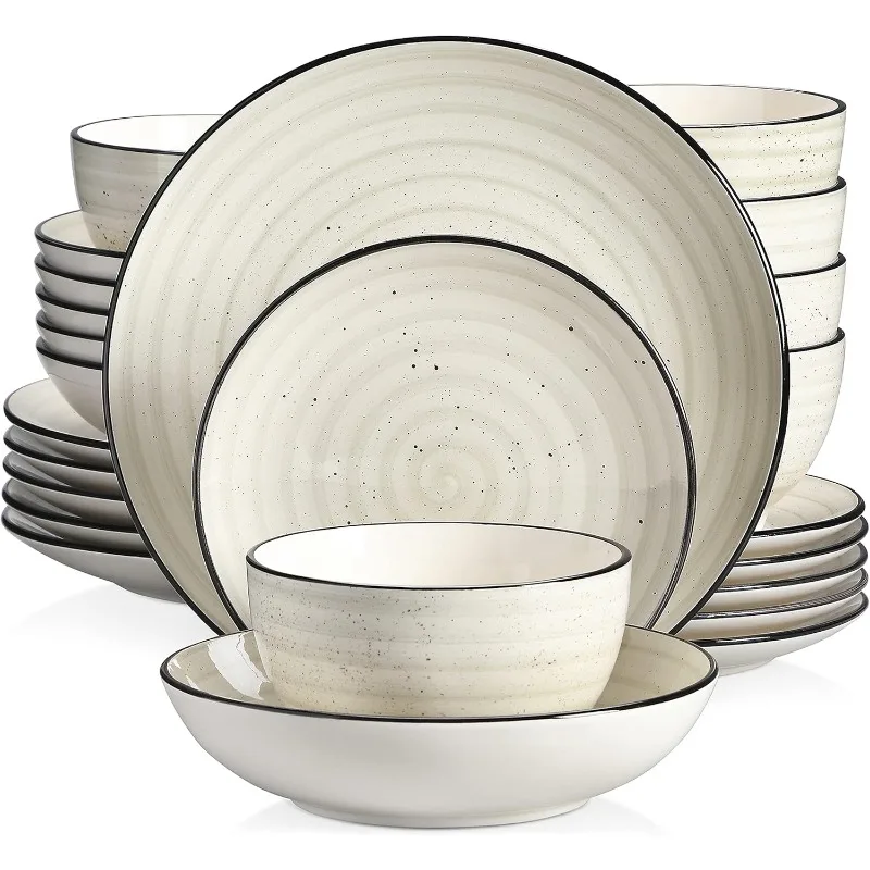 vancasso Stoneware Dinnerware Sets 24 Pieces Bonbon Beige Dinner Set, Plates and Bowls Sets with Dinner Plates Pasta Bowls