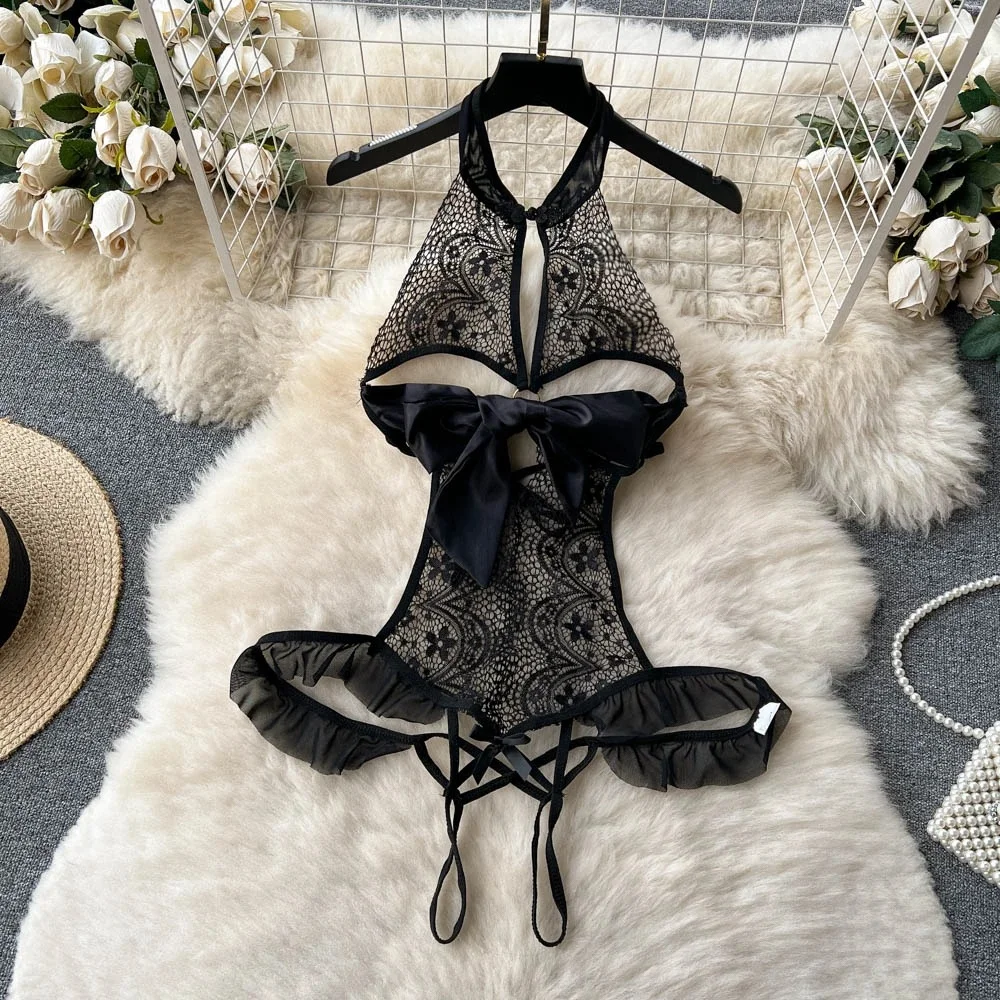 Sexy Hot Women Floral See-through Cheongsam Lace Bodysuits Halter Sheer Bow Erotic Backless Hollow Out Ruffle Jumpsuit Lace-up