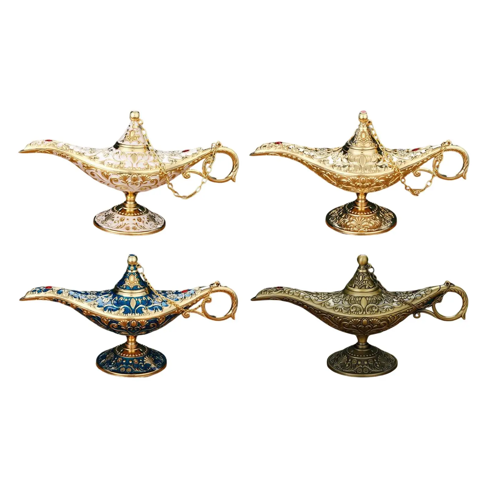 Shiny Arabian Costume Props Aladdin Lamp with Lid Zinc Alloy Vintage Magic Light for Halloween Christmas Table Decoration