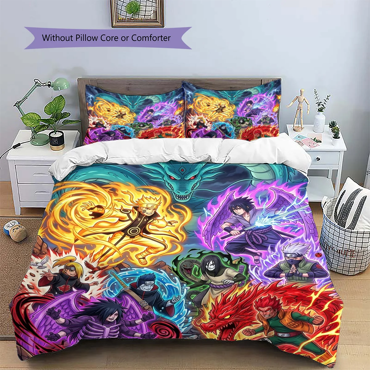 Naruto Patterned Pillowcase & Duvet Cover Set Anime Novelty Bedding Bedroom Ornament Nice Fan Present.-TING