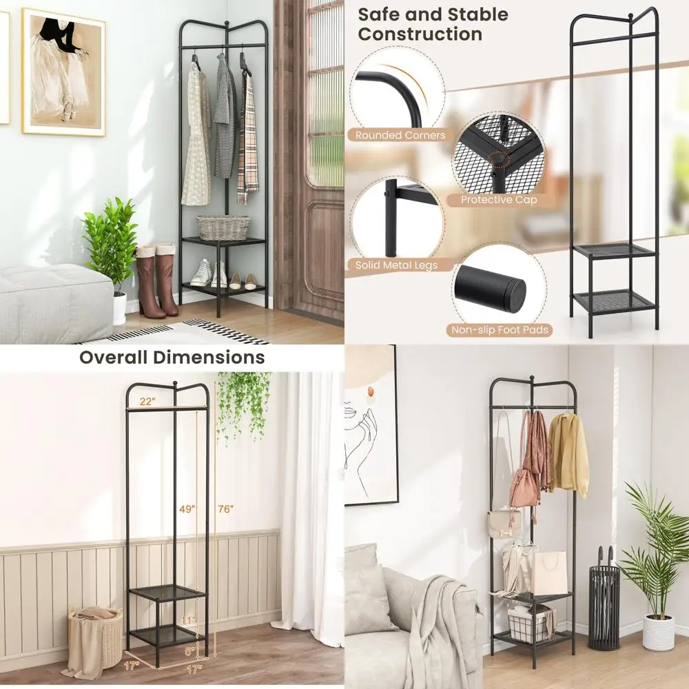 

Freestanding Corner Coat Rack with Storage, Hall Tree Hanging Rod and 2 Mesh Shelves, Anti-Toppling, Space-Saving Organizer