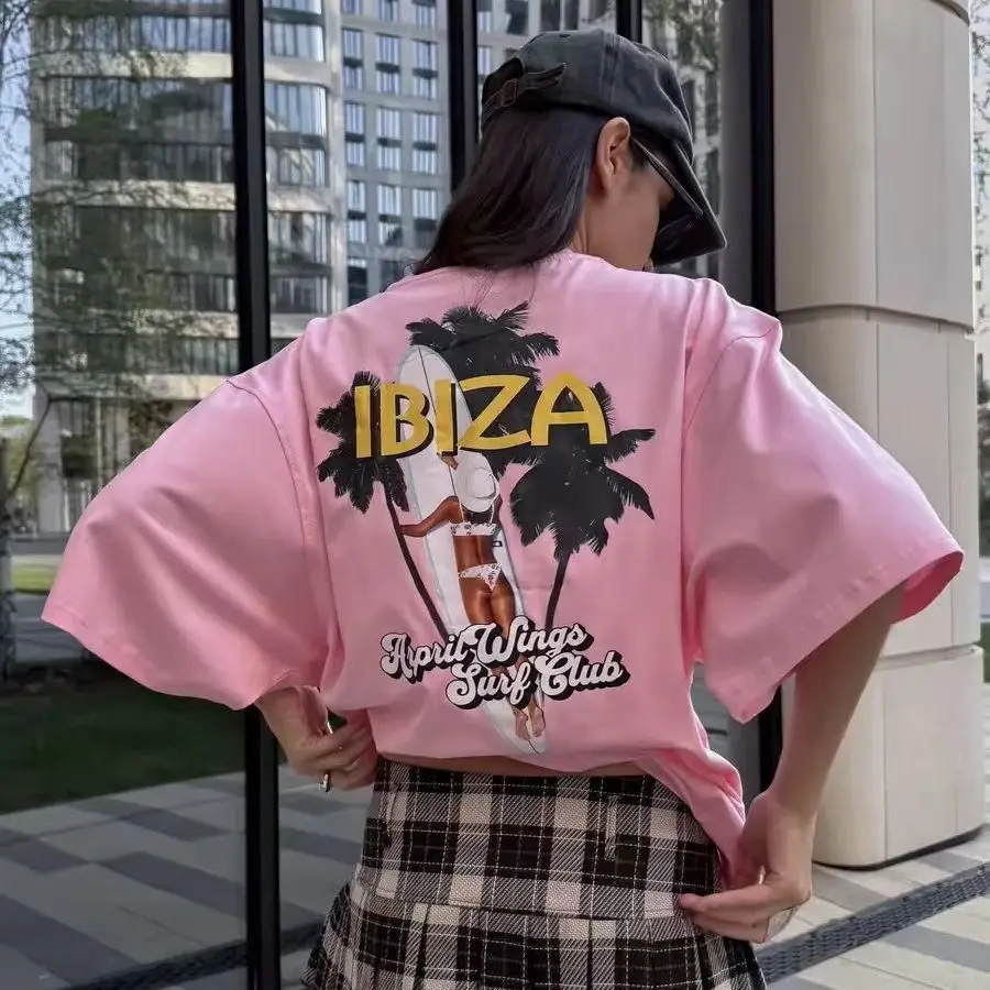 

Beach Surfing Girls Aesthetic Graphic Tee Sweet Women Loose Oversize T-shirts Pure Cotton Summer Comfortable Russian Style Tops