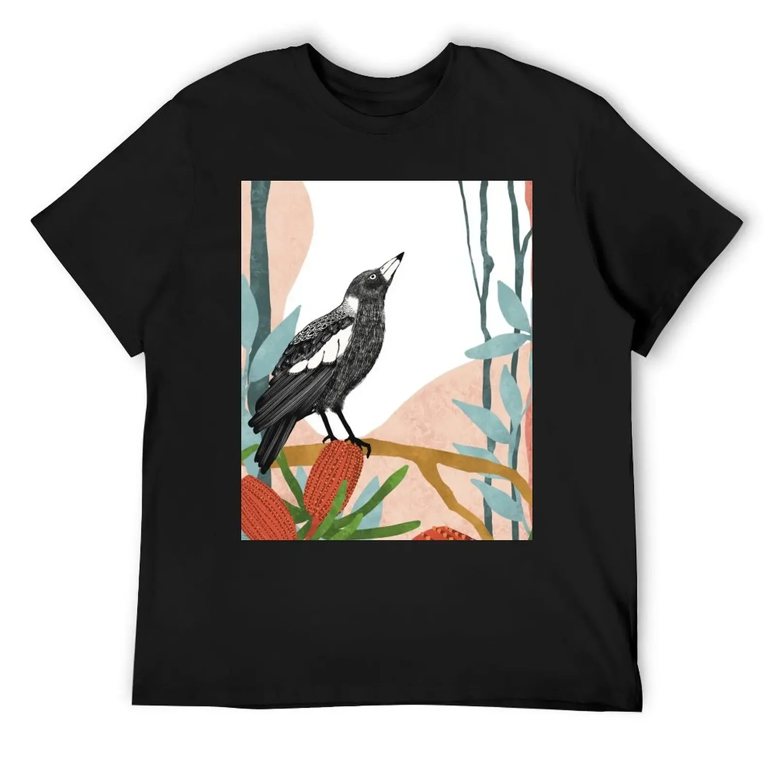 Australian Magpie amongst Banksia Flowers T-Shirt custom t shirt animal prinfor boys man t shirt anime black t shirts for men