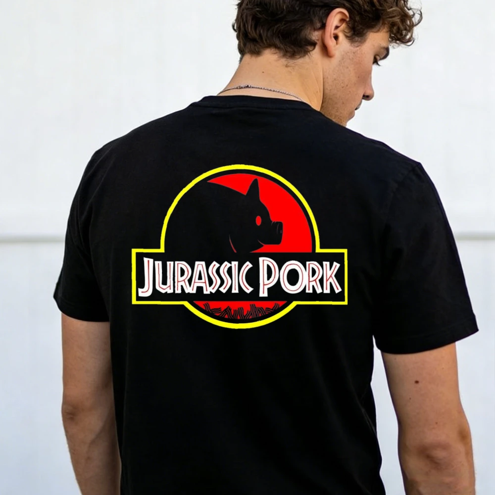 Jurassic Pork Funny Parody Jurassic Park Pig Logo Graphic T-Shirt Men Back Print Cotton Short Sleeve Humor Casual Ropa Hombre