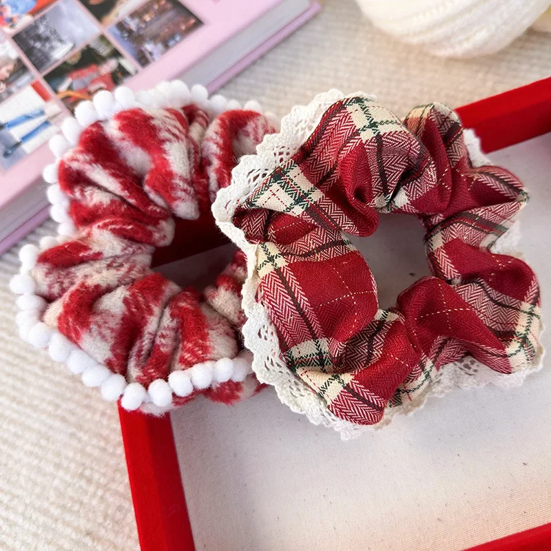 Retro Red Lace Plaid Large Hair Scrunchies Headbands for Womens Girsl Hair Rope Rubber Band Fashion New Year Christmas Headdress