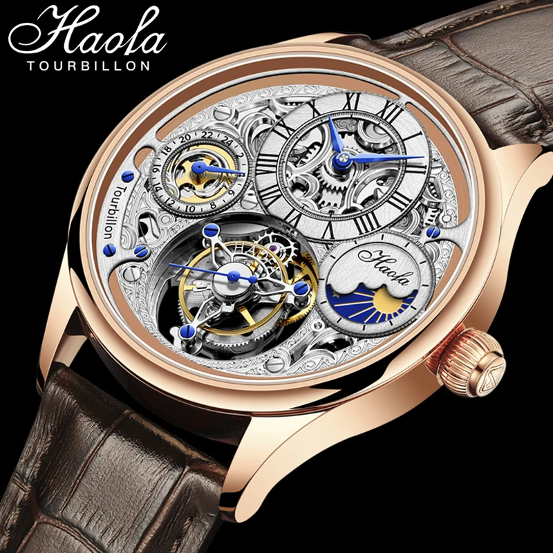 Haofa Manual Skeleton Tourbillon Watch for Men Sapphire Mechanical GMT Moonphase Hollow Watches Men Luxury Casual Business 1035