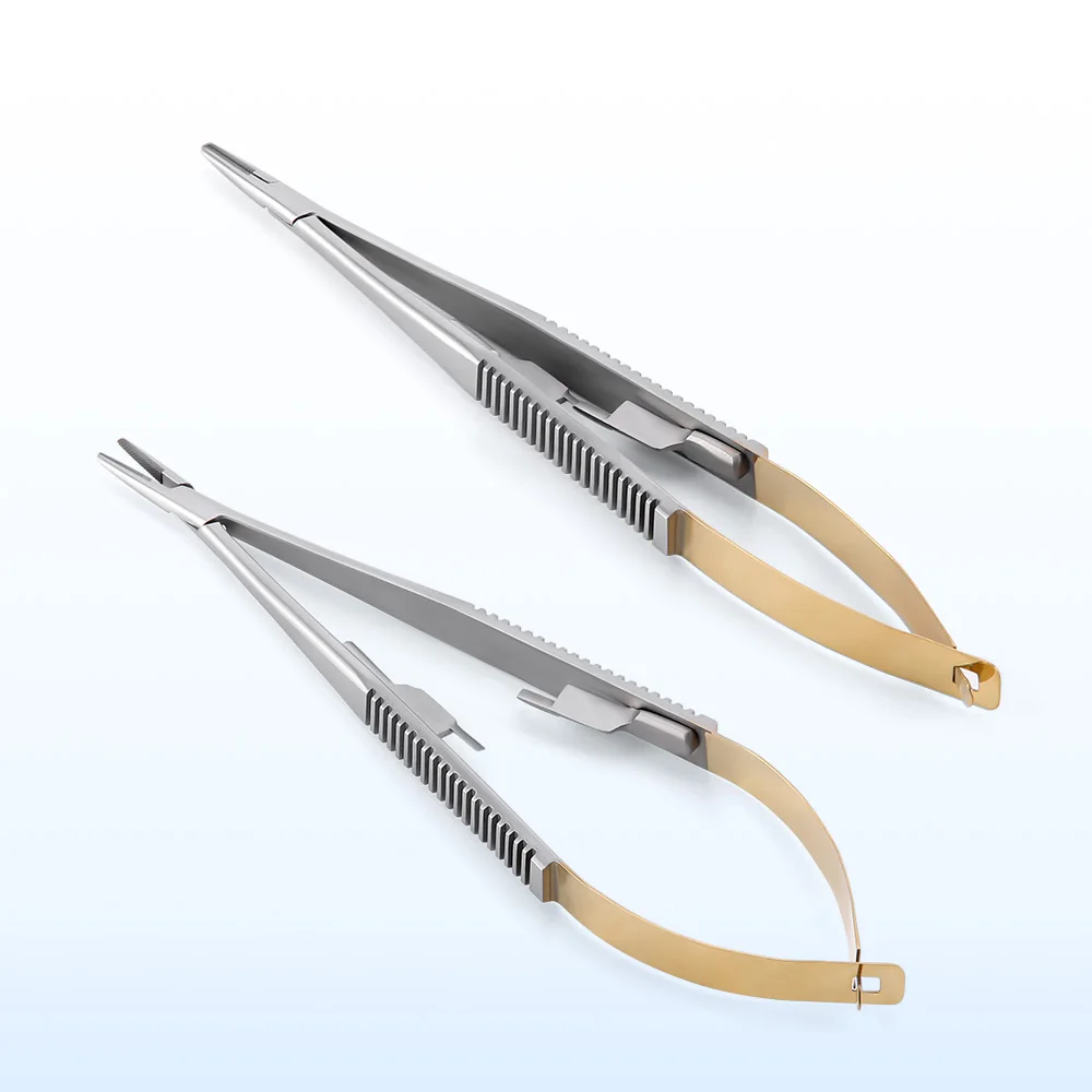 Porta-Agulhas Azdent Castroviejo com Fechadura, Pinça de Agulha, Pinça Dental Forceps, Microcirurgia, Reta e Curva, 14cm, 16cm