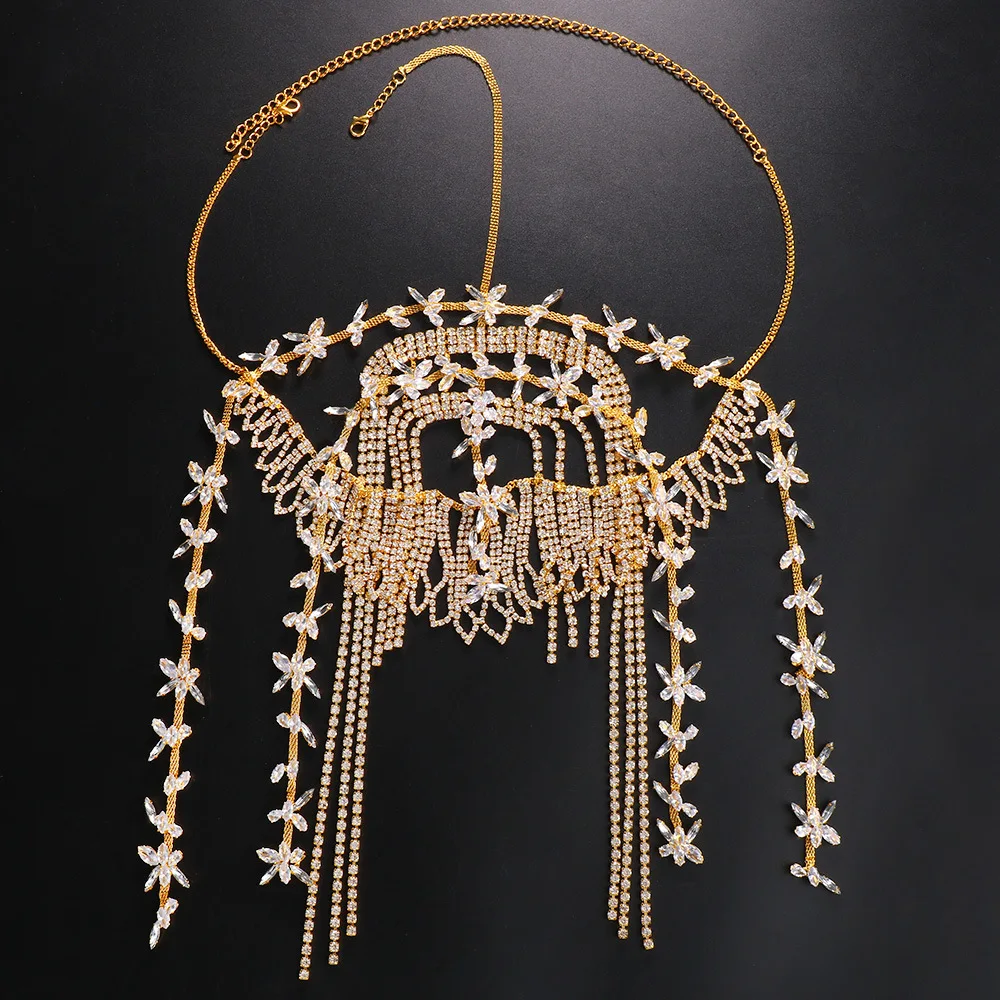 Women Exotic Leaf Rhinestone Tassel Belly Dance Head Cap Hat Jewelry Luxury Crystal Hair Accessory for Party Wedding Showing