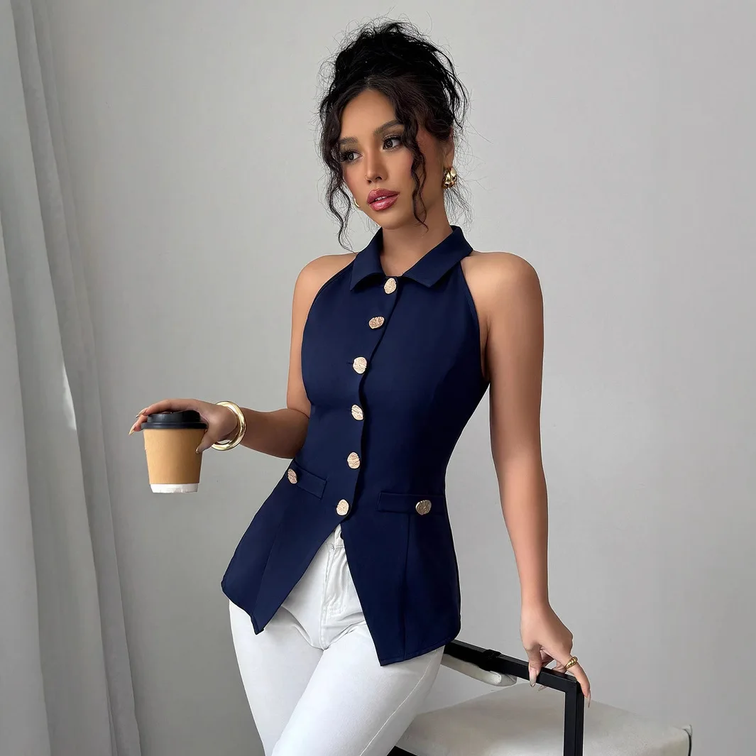 

Women's Halter Neck Sleeveless Blouse Collared Button Front Peplum Top Gold Buttons Slim Fit Elegant Office Party Fashion Vest