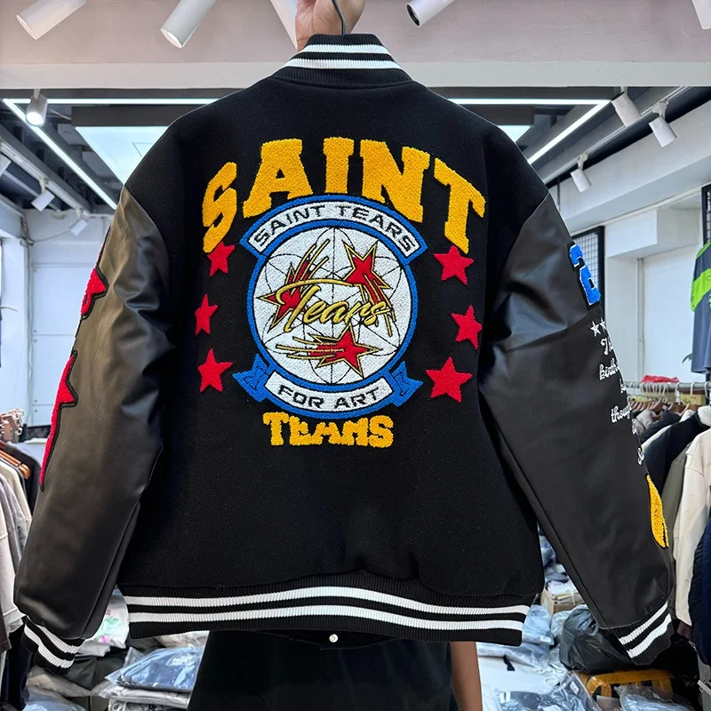 

High Street Casual Saint Jacket Patchwork Leather Jacket Winter Thick Short Design Embroidered Men Women Flying Baseball Coat