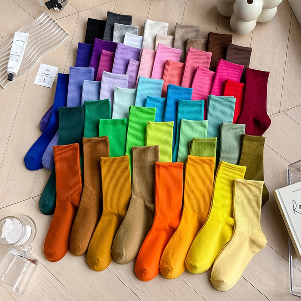 1 Pair Women Mid Socks Ins Style Korean Version Candy Color Simple Solid Color Mid Socks Breathable And Comfortable Daily Socks.