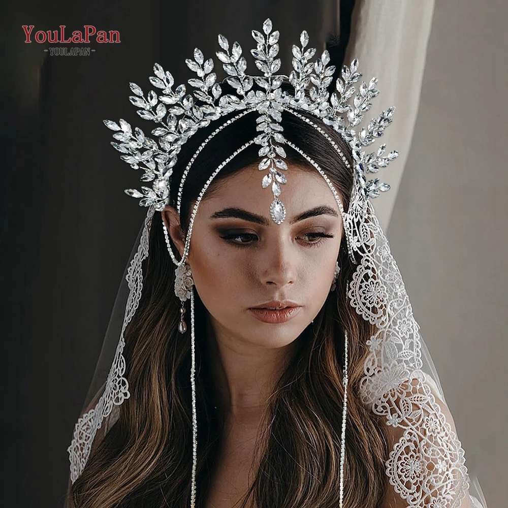 

YouLaPan Vintage Rhinestone Foreband Crown Wedding Headwear Elegant Women Tiara Long Tassel Bride Crown Crystal Headband HP952