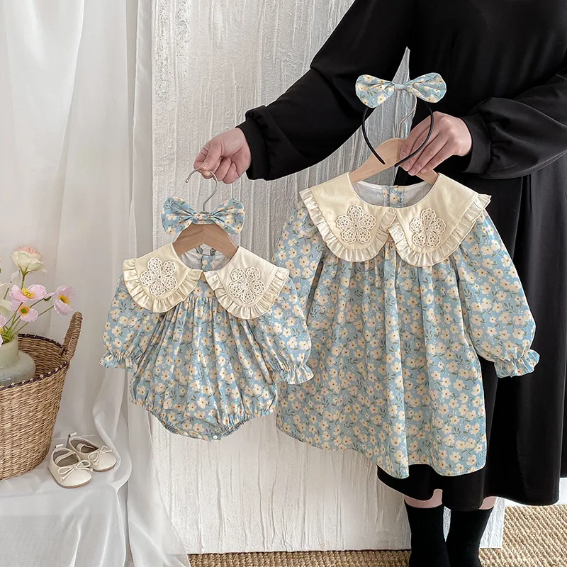 

Big Sister Little Sister Matching Flower Print Outfit Cotton Twins Baby and Girl Clothes Kid Collar Dress Infant Floral Bodysuit