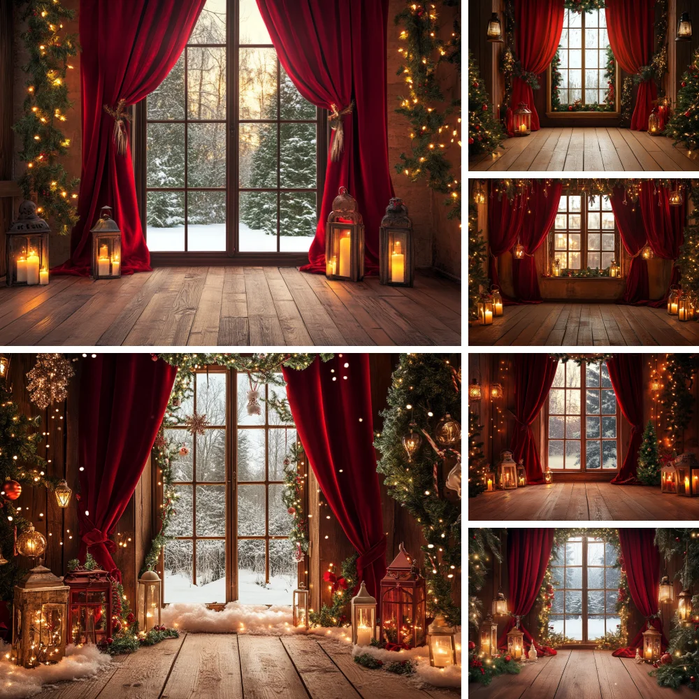 

Winter Backgrounds for Photographs Christmas Decorations Window Retro Red Curtains Candles Family Portrait Party Photo Backdrops