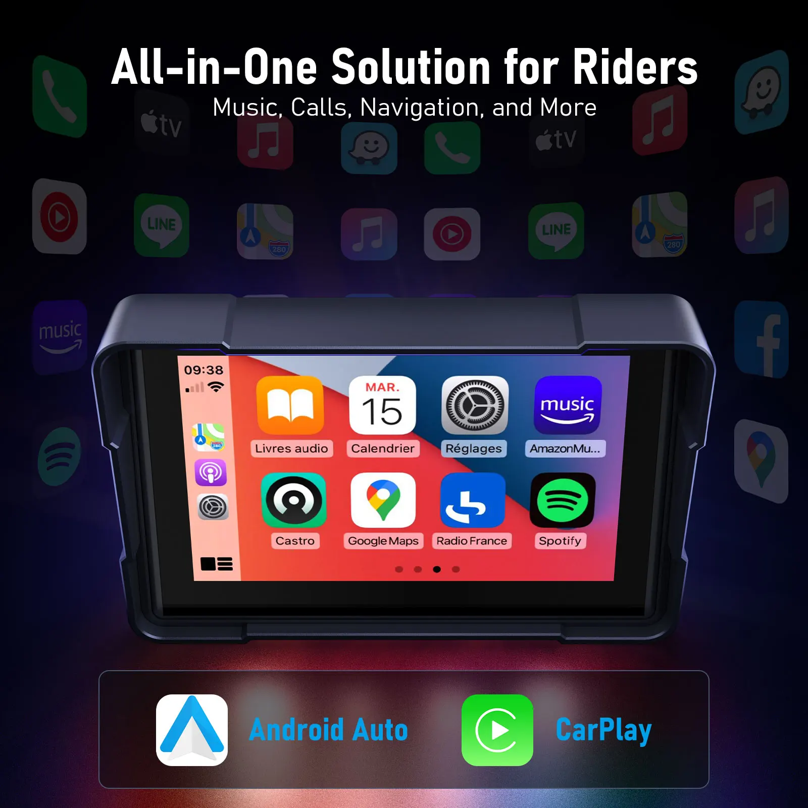 옵션 DVR, 무선 CarPlay 및 Android Auto, 휴대용 내비게이션 디스플레이를 갖춘 Lemorele 5인치 오토바이 GPS 화면