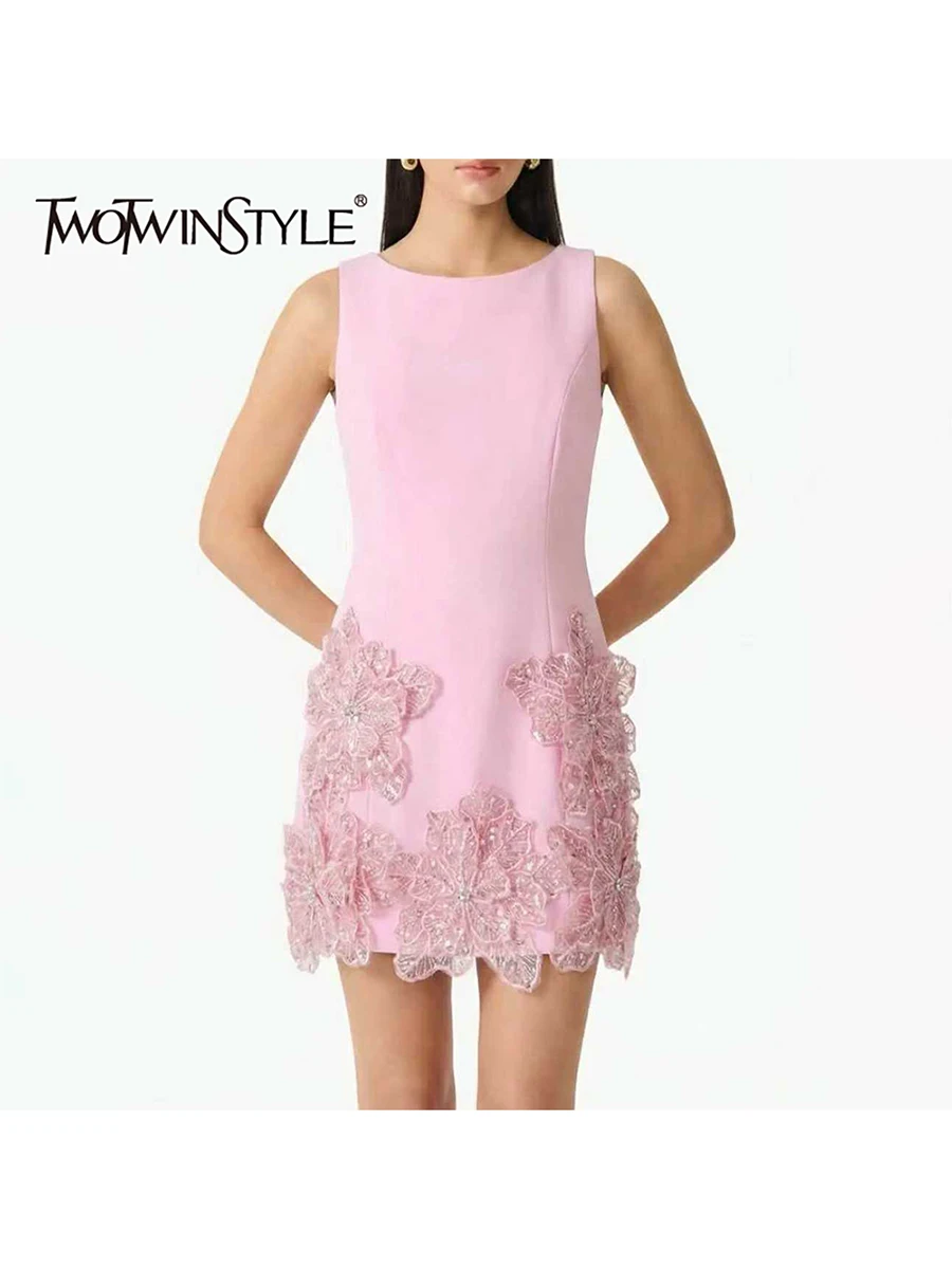 

TWOTWINSTYLE Patchwork Floral Beading Dresses for Women O Neck Sleeveless High Waist Solid Mini Dress Female Fashion Clothes New