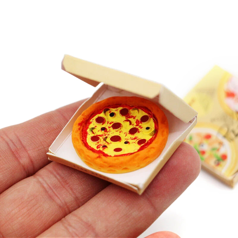 Dollhouse Miniature Pizza com Caixa de Embalagem, Kids Pretend Play Brinquedos, Modelo de Cozinha, Decoração de Comida, Doll House Acessórios