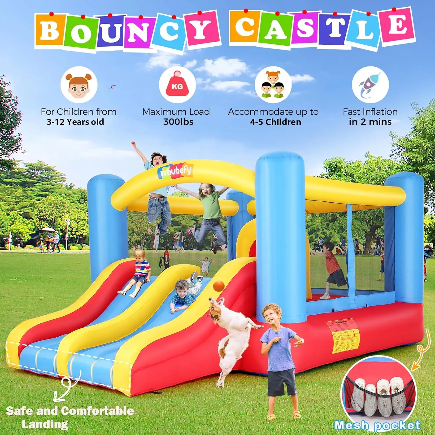 House for Kids 3-10, 12.6FTx9FT Inflatable Bounce House with Double Slide Obstacle Bouncer, Indoor/Outdoor Bouncy House, Blow