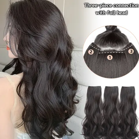 DUTRIEUX 50cm 3종 합성 3클립 헤어 확장 – 장파 곱슬 스타일 헤어 피스 (블랙/브라운 자연 색상)