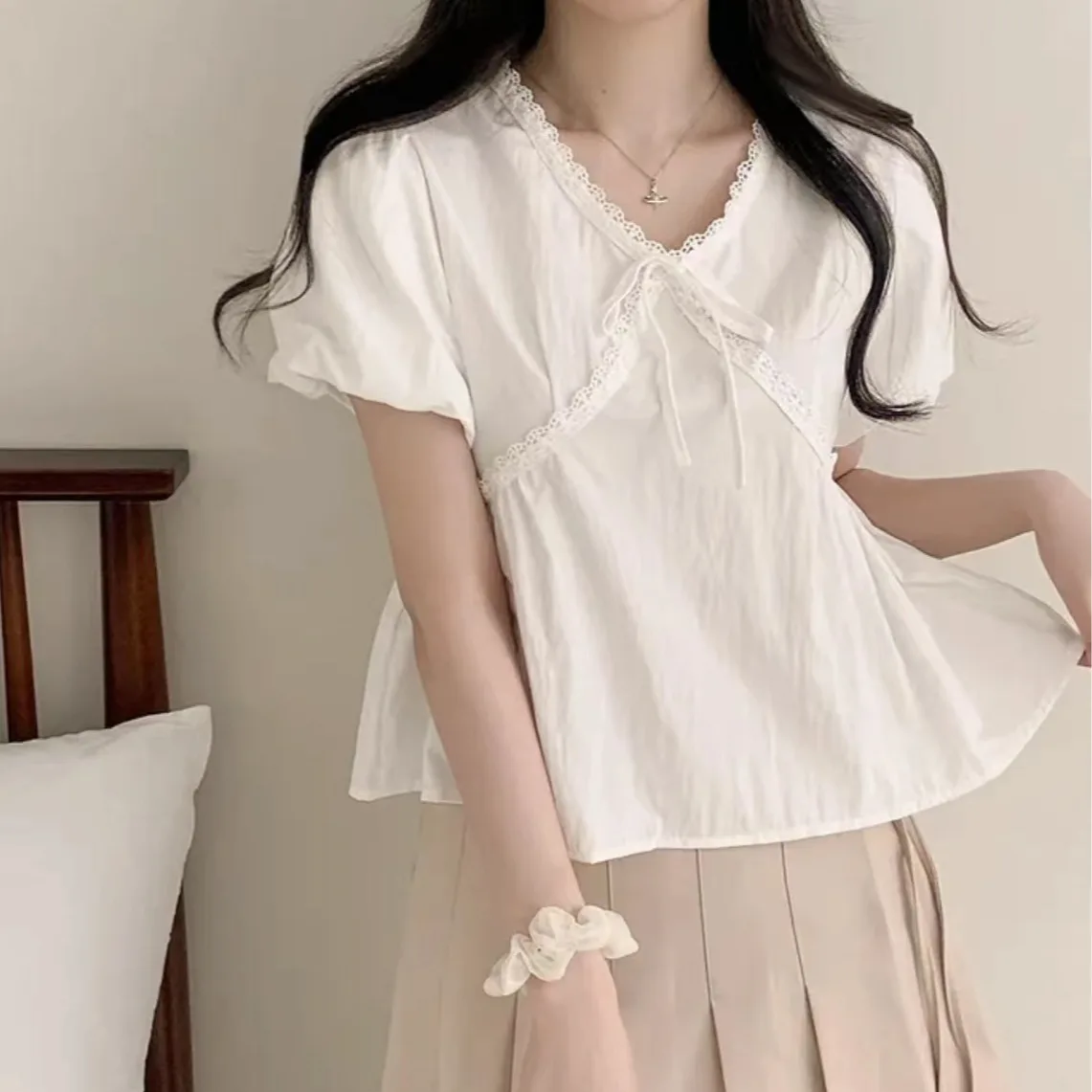 Loose V-Neck Tunic Top Women's Summer Korean Style Chiffon Shirt Lace Paneling Belted Thin Gentle Wind Fashionable