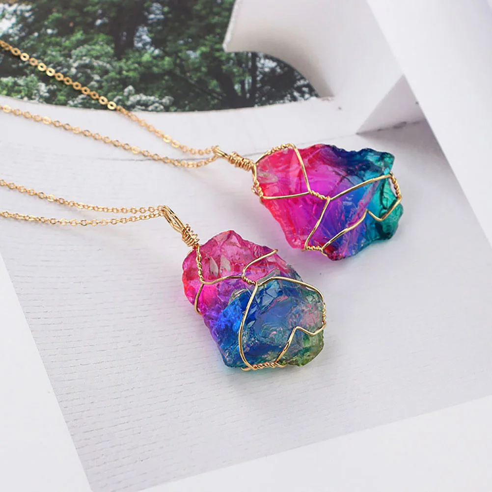 

Rainbow Natural Stone Pendant Necklace Fashion Crystal Necklace Gold Quartz Necklace for Women Gift