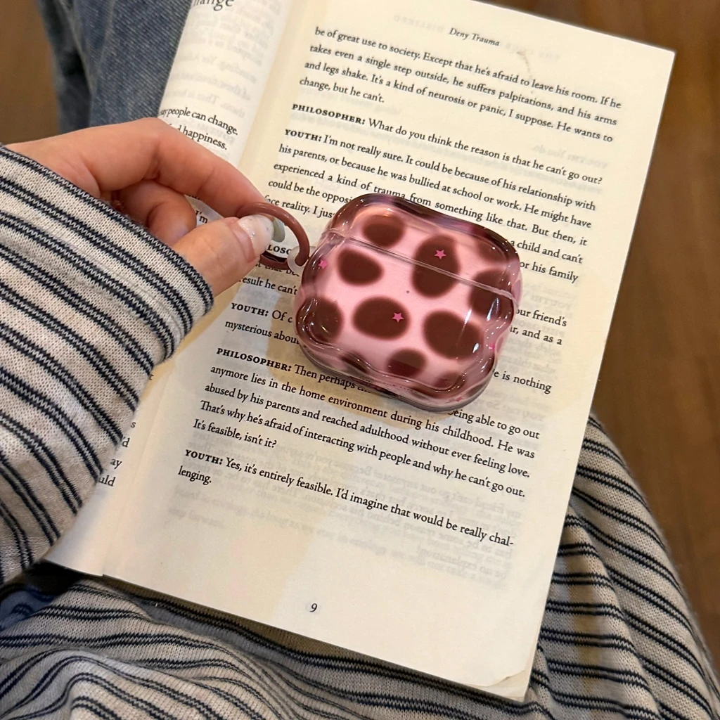 Fashion Pink Brown Gradient Cow Print Star Wavy Edge Glossy Protective Earphone Cover Case for AirPods 1 or 2 3 4 5 Pro 2 Pro 3