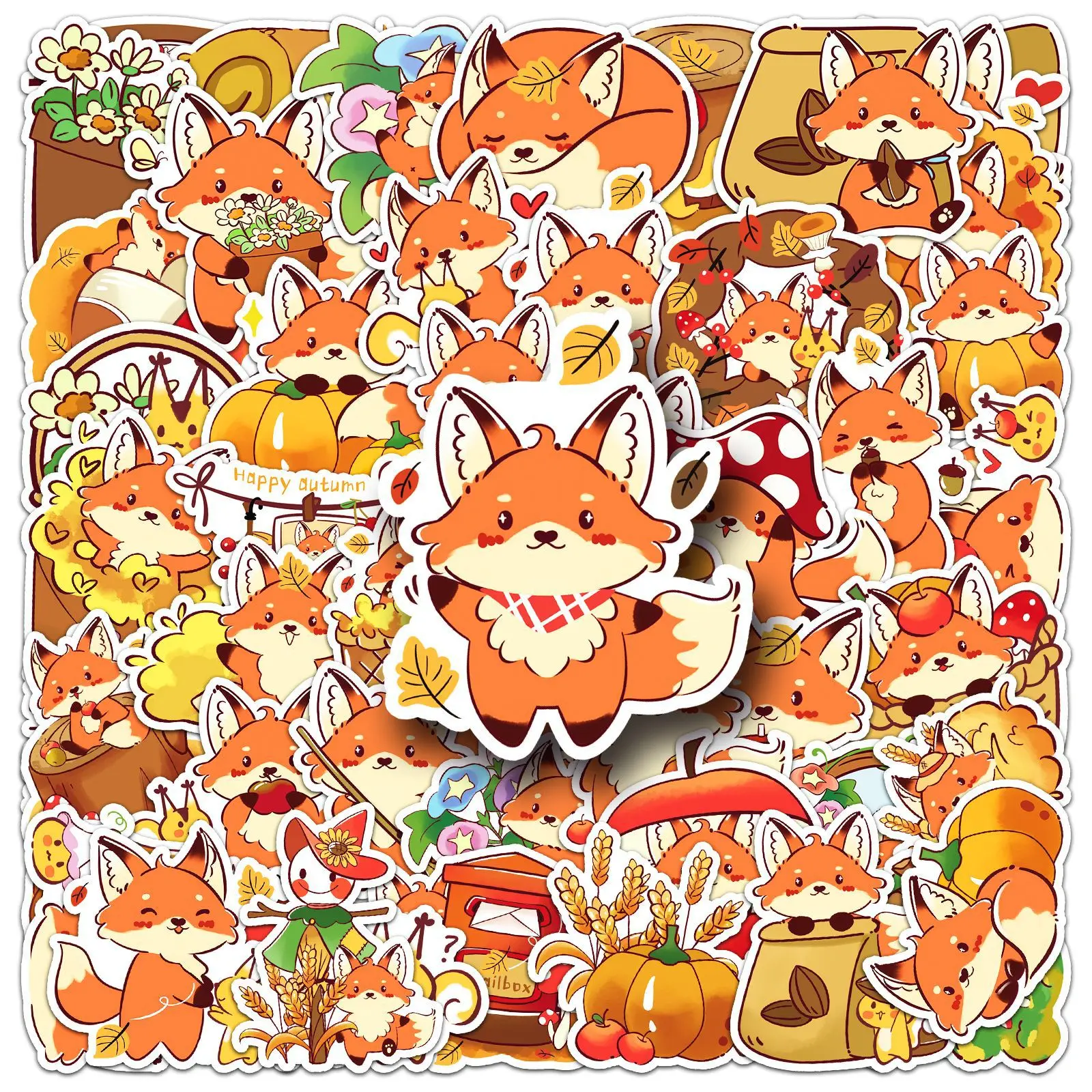 50-100PCS Adorable Little Fox Autumn Themed Graffiti Stickers, Cartoon Hand-drawn Animal Decor Stickers for Stationery Luggage