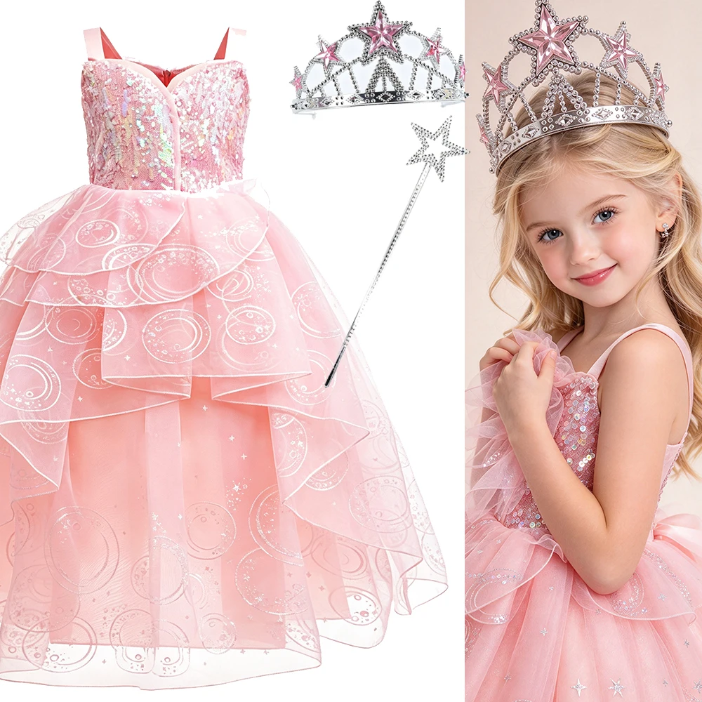 Girls Pink Sequin Tiered Dress Set 3-10Y with Crown Magic Wand Gloves Halloween Birthday Carnival Party Dress Up