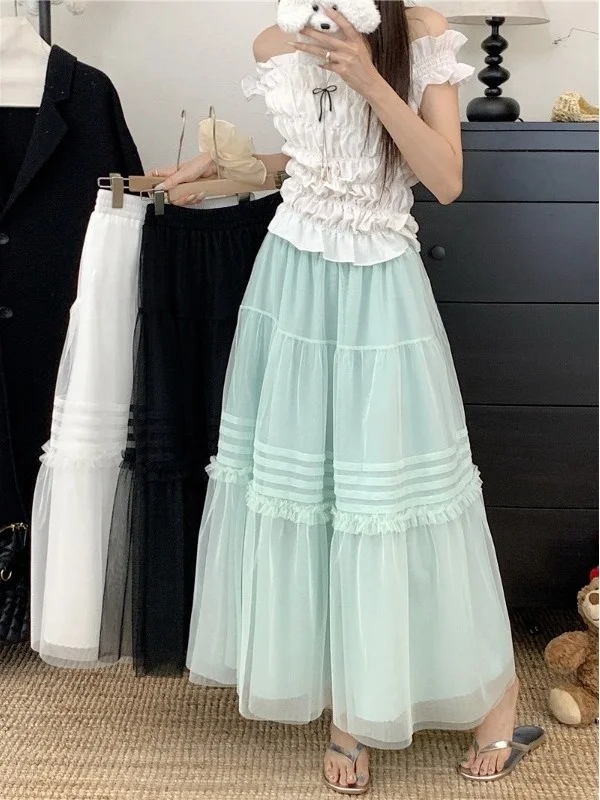 

plus Size Fashionable Heavy Embroidery Mesh Half Skirt Spring Summer New Loose Slimming High End Feeling Puffy Cake Long Skirt