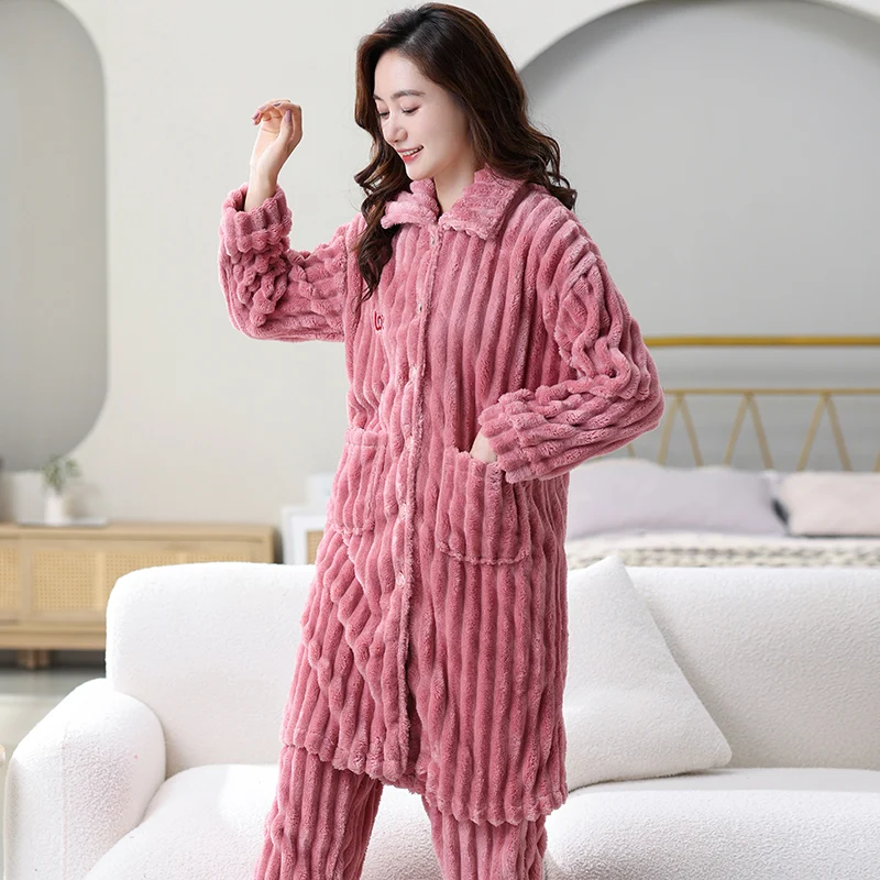 Winter Thick Flannel Women Sleepwear Button Cardigan Robes+Pants Coral Velvet Bathrobe Female Long Sleeve Kimono Warm Home Wear