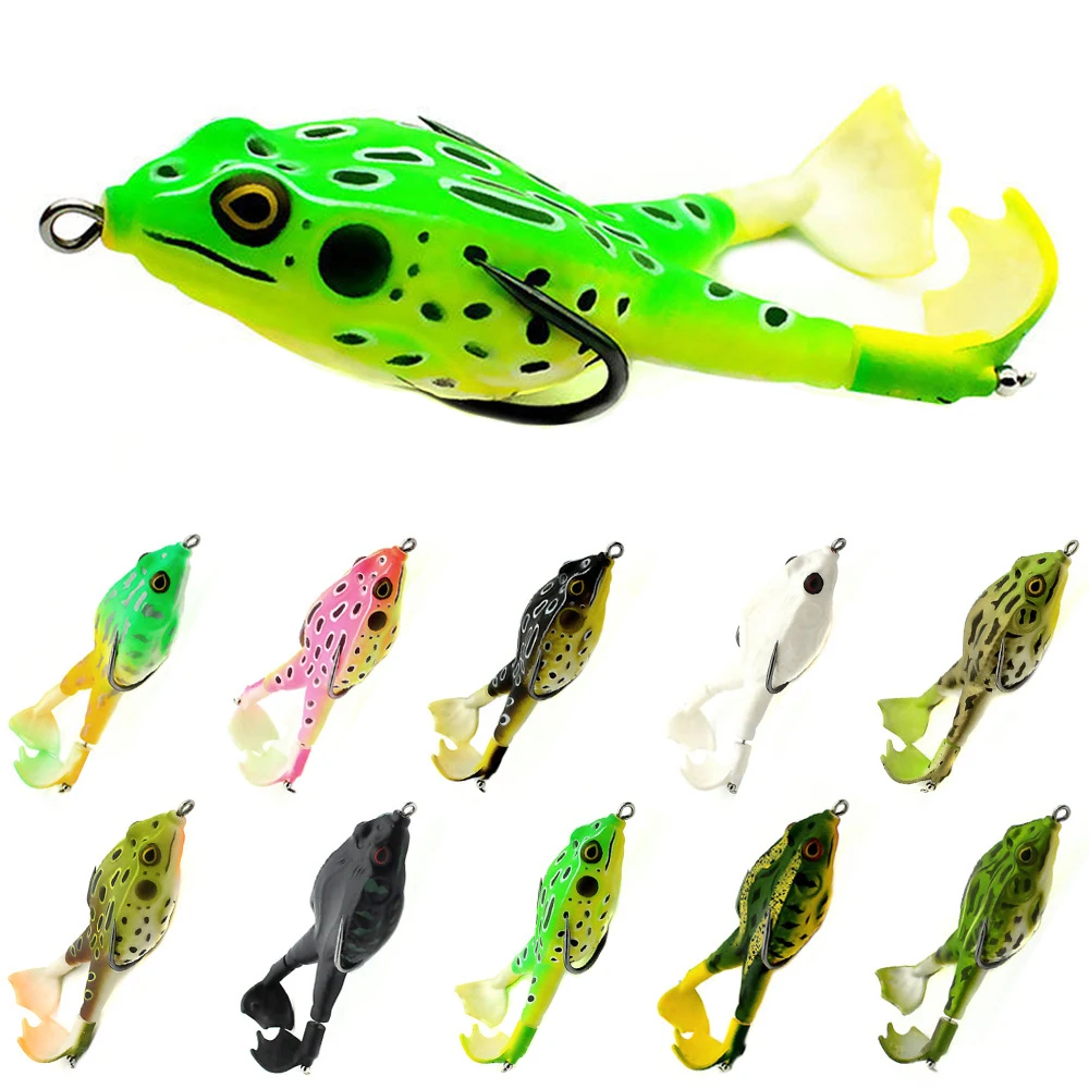 HERCULES Topwater Frog Soft Lures with Rotating Feet 9cm/13.7g Fishing Lure Floating Double Hook pack of 10 colors Carp Fishing