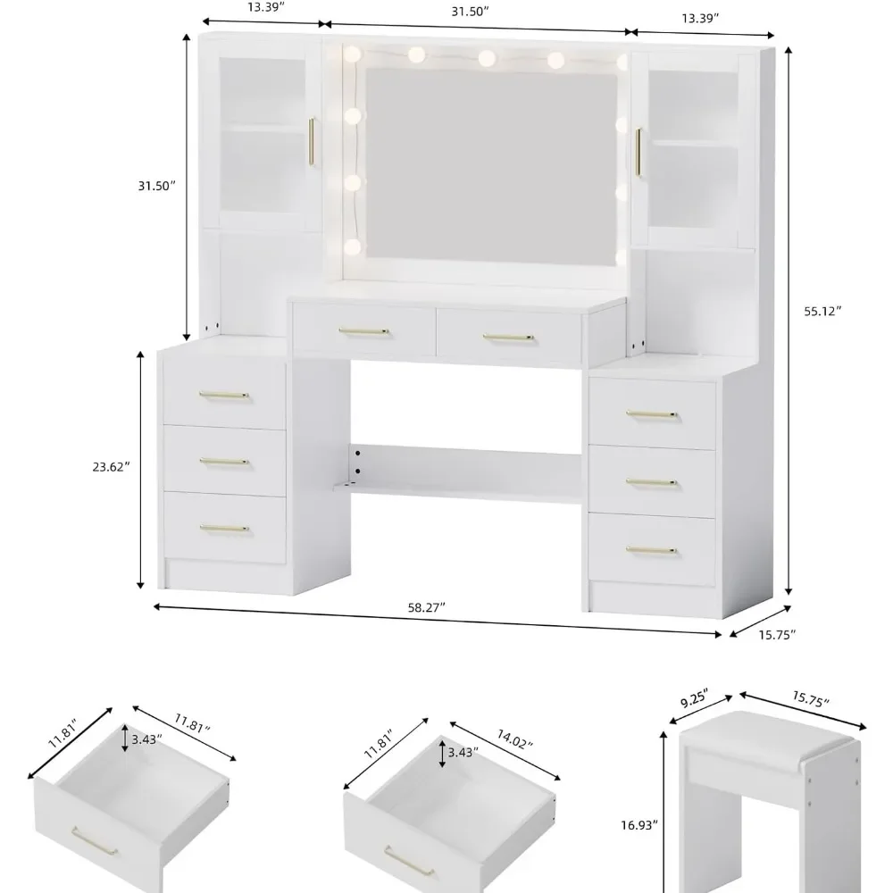 Large Vanity Desk with Mirror & Lights, Makeup Vanities with 10 LED Lights, 8 Metal Sliding Drawers, White Vanity Set with Stool image 5